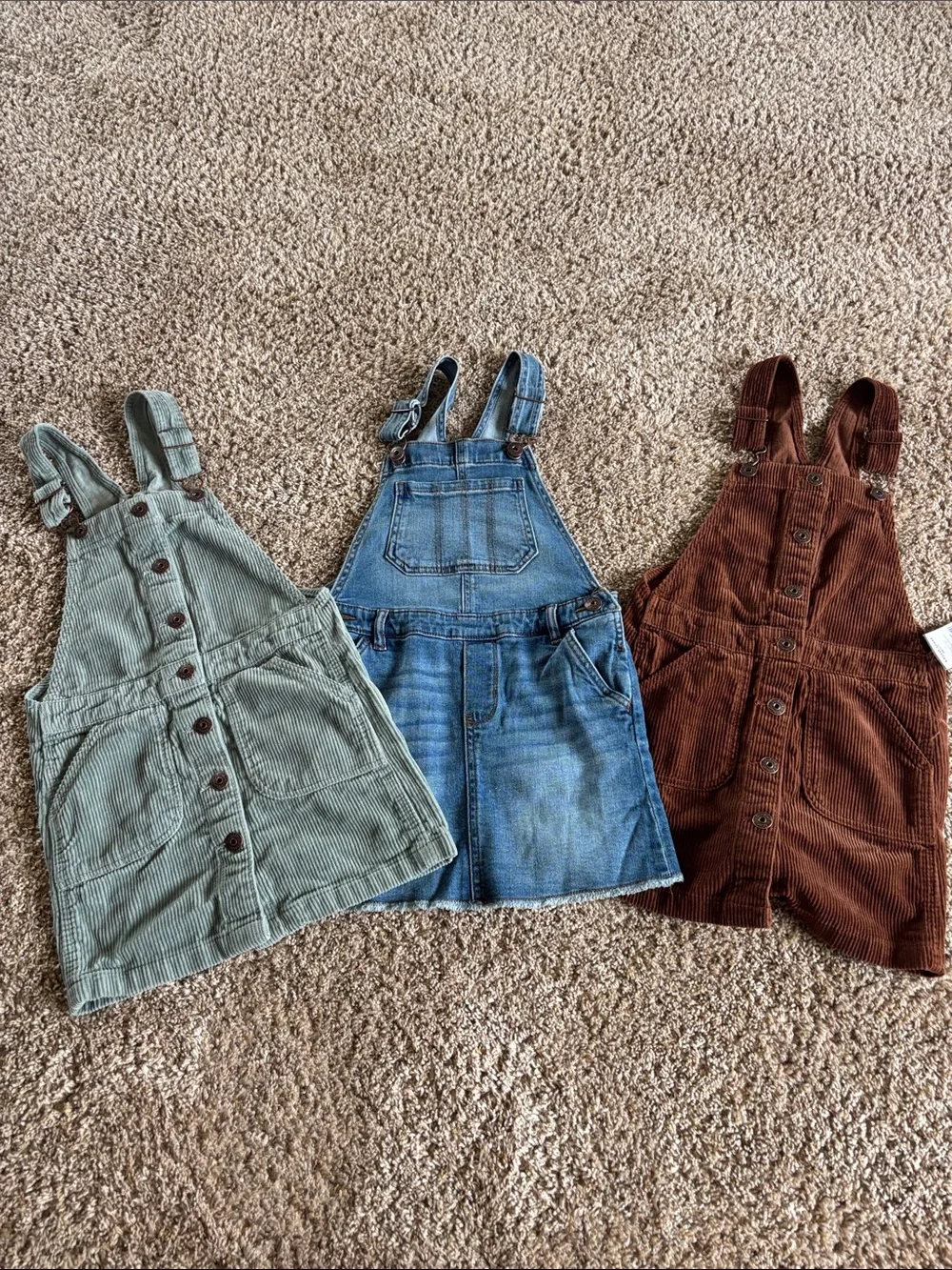 Oshkosh Three Girls' overall dresses- Green, Denim Blue & Brown